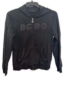 BCBG Max Azria Black Studded Rhinestone Zip-Up Hoodie Womens Size L